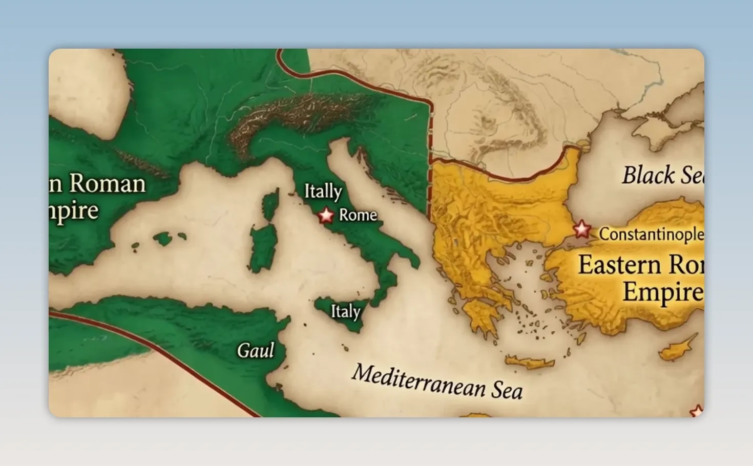 eastern-western-roman-empire-map Map showing the Eastern Roman Empire and Western Roman Empire around the Mediterranean